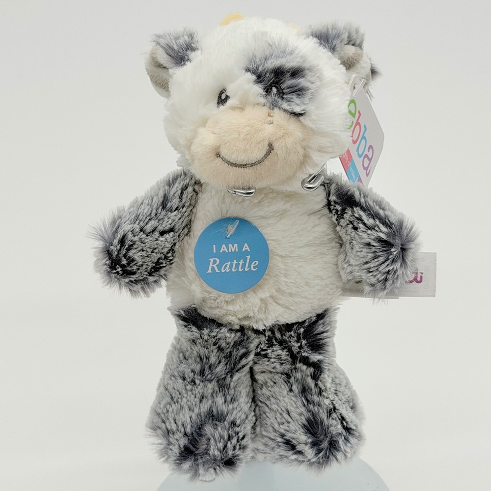 Ebba Aurora Coby Cow Cuddler Rattle Plush 7in Baby Lovey NWT Gray White